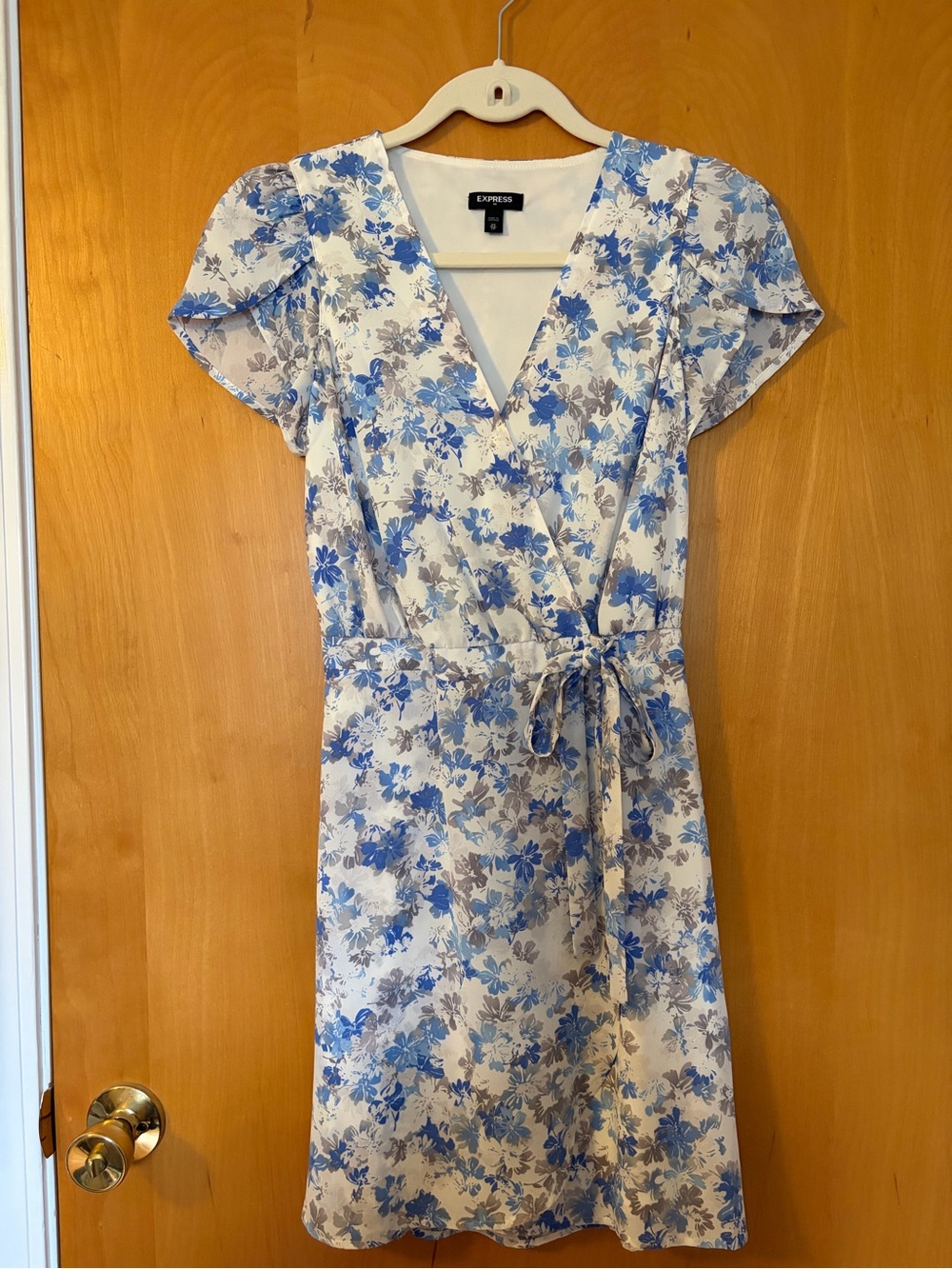 Express White and Blue Floral Midi Wrap Dress